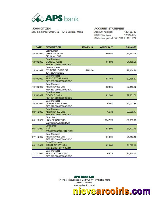 Malta APS bank statement xls